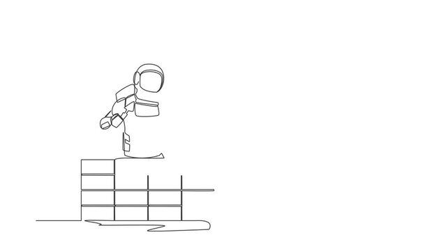 Animated self drawing of continuous line draw astronaut building brick wall. Future house development. Preparation home reparation on moon surface. Cosmonaut space. Full length single line animation