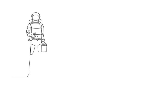Animated self drawing of continuous line draw astronaut holds roller with paint bucket of paint. House decoration. Preparation home reparation. Cosmonaut outer space. Full length single line animation