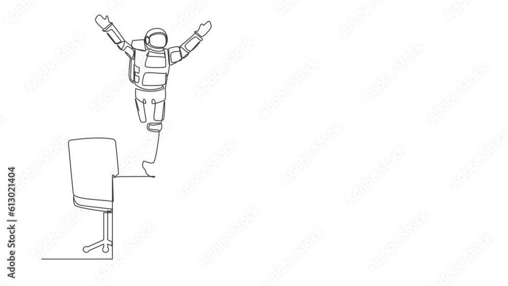 Aufkleber animated self drawing of continuous one line draw young astronaut dancing on working desk and celebr