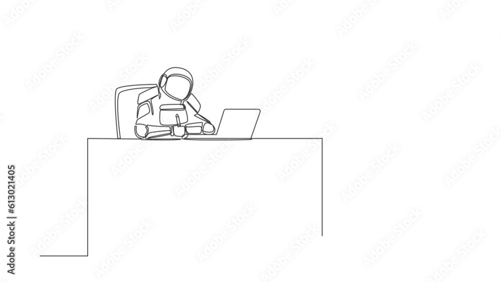 Poster animated self drawing of continuous line draw astronaut writing sitting in front of laptop at workin