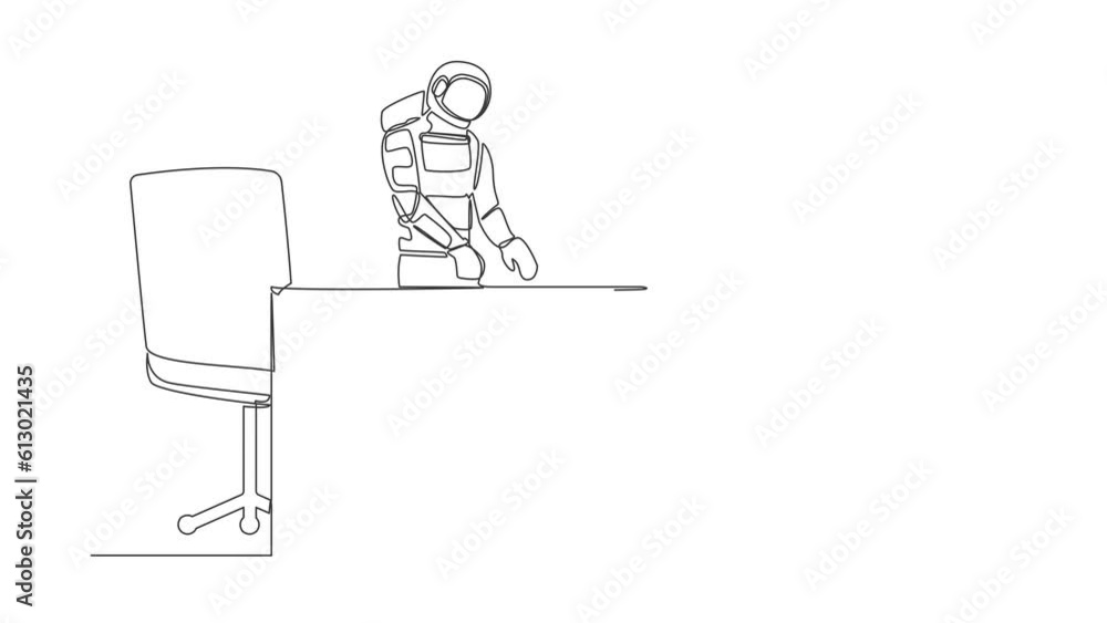 Poster animated self drawing of continuous line draw of young astronaut standing and working behind office 