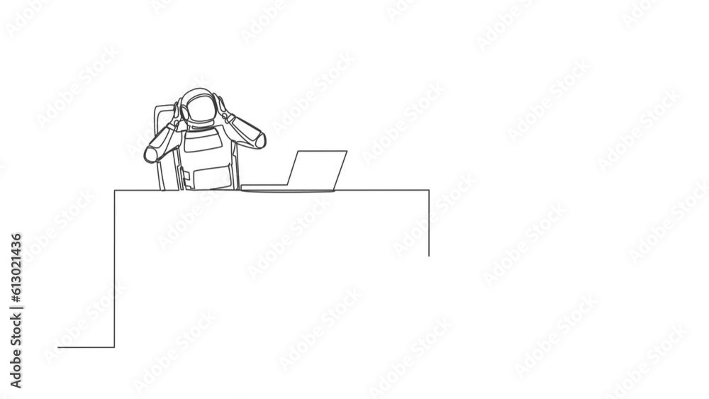 Poster animated self drawing of continuous line draw frustrated young astronaut sitting with laptop holding