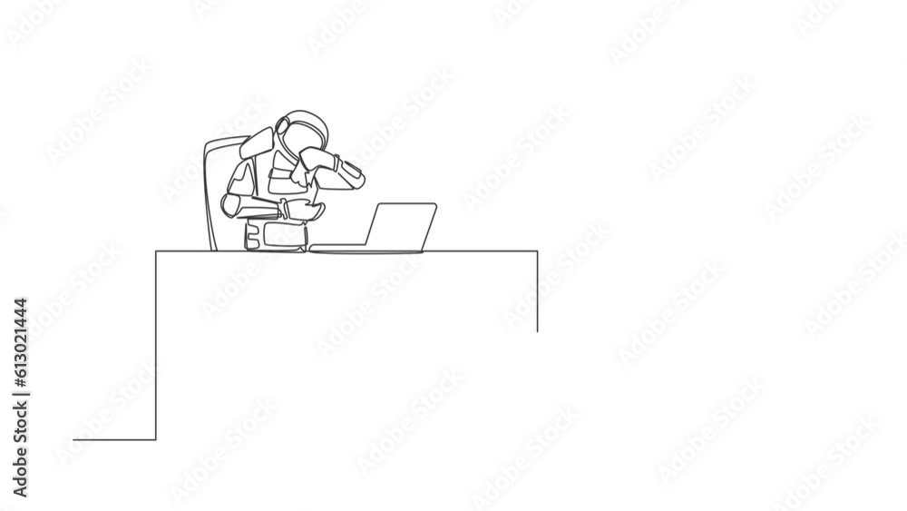Poster animated self drawing of continuous line draw astronaut crying while wiping tears using tissue at wo
