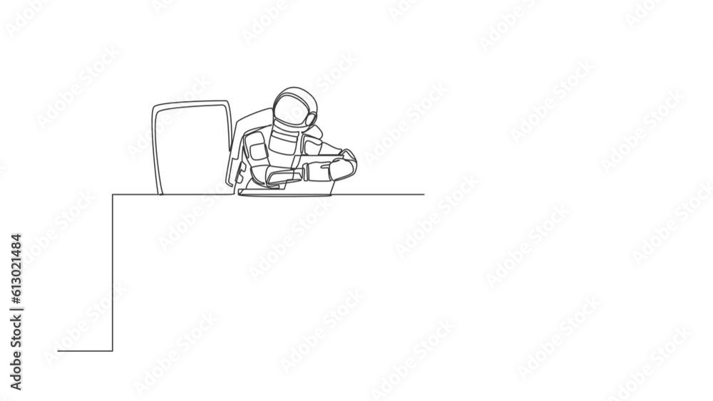 Poster animated self drawing of continuous one line draw of young astronaut sitting hugging laptop at offic