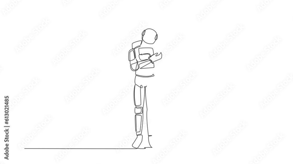 Poster animated self drawing of continuous line draw young astronaut standing and hugging laptop at office.