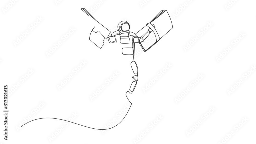 Aufkleber self drawing animation of single one line draw astronaut fly with banknote wings. financial freedom 