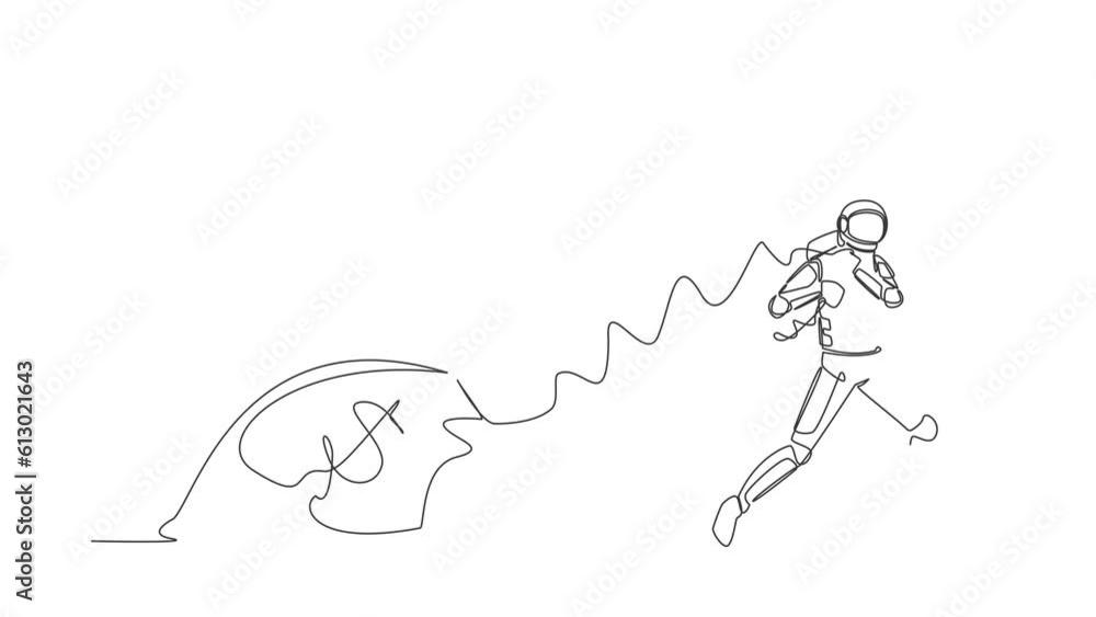 Aufkleber animated self drawing of continuous line draw astronaut pulling heavy money bag in moon surface. big