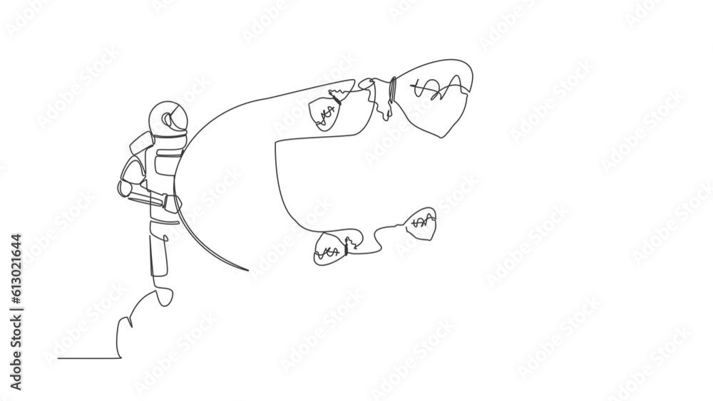 Poster animated self drawing of continuous line draw of astronaut using big magnet to attract many money ba
