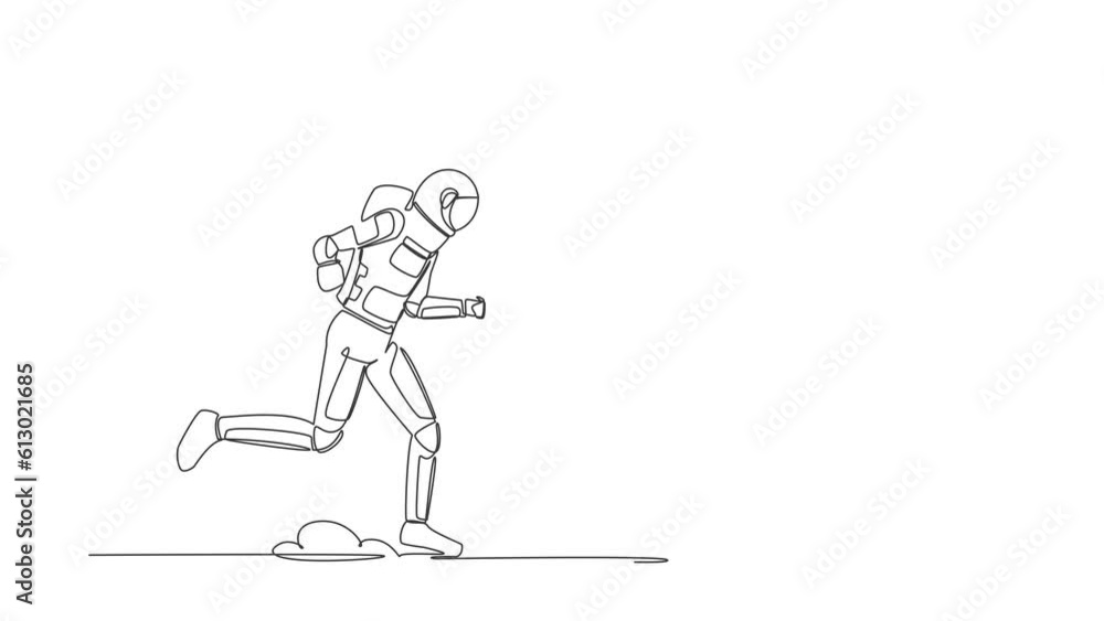 Poster animated self drawing of continuous line draw astronaut chasing money bag dollar in moon. trying to 