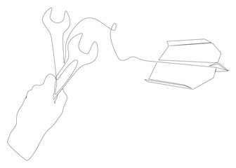 One continuous line of Paper Airplane with Wrench. Thin Line Illustration vector concept. Contour Drawing Creative ideas.