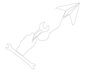 One continuous line of Paper Airplane with Wrench. Thin Line Illustration vector concept. Contour Drawing Creative ideas.