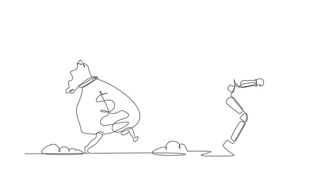 Self drawing animation of single line draw astronaut being chased by money bag. Hurry in achieving wealth profit goals in spaceship industry. Cosmic galaxy space. Continuous line. Full length animated