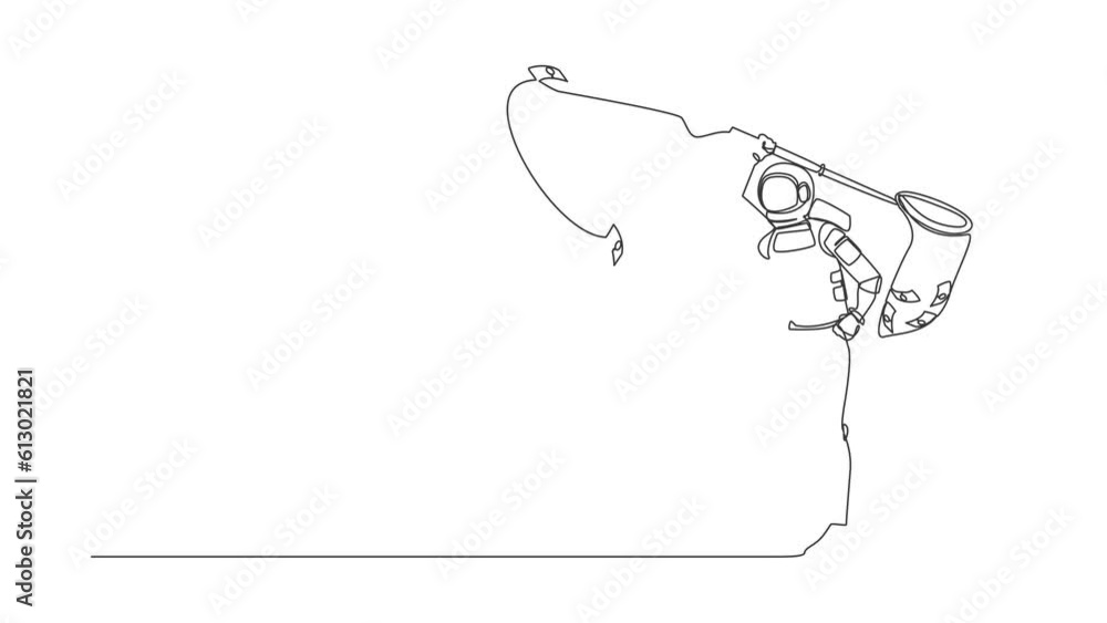 Poster self drawing animation of single line draw astronaut trying to catch flying banknote money with net.