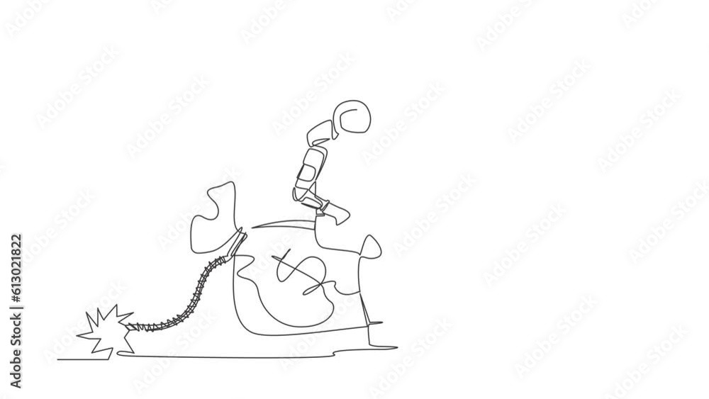 Poster animated self drawing of continuous line draw astronaut sitting typing laptop on bomb money bag with