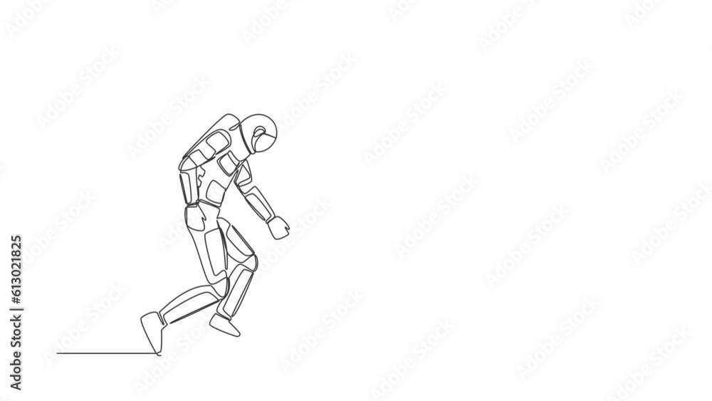 Poster animated self drawing of continuous line draw astronaut running to catch money bag from steel bear t