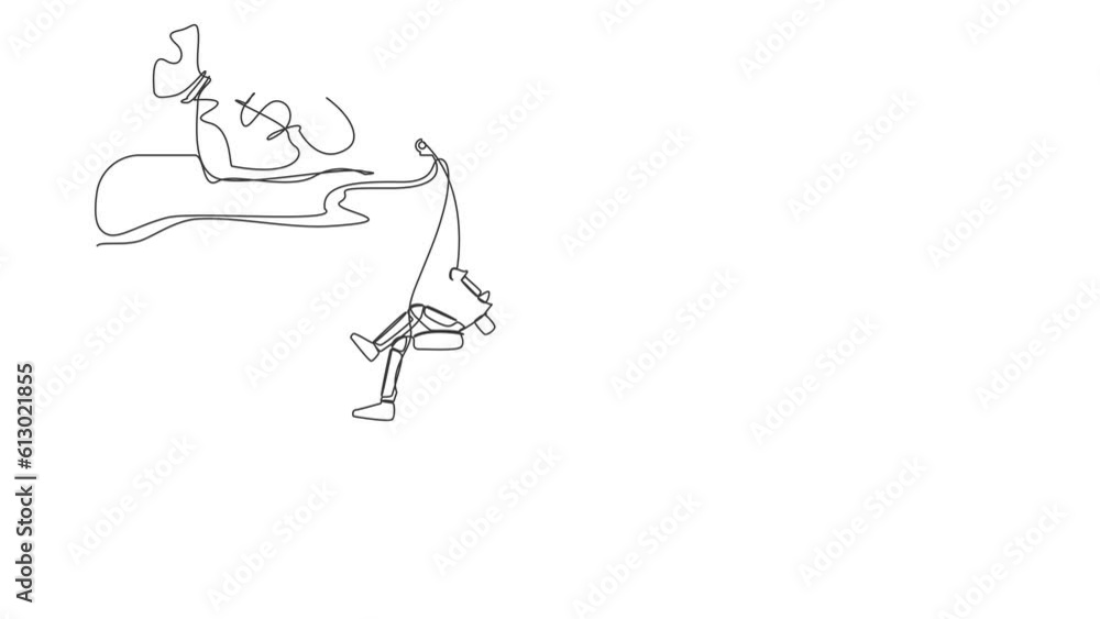 Poster animated self drawing of continuous line draw astronaut climbing cliff using rope toward money bag. 