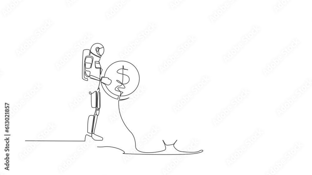 Poster self drawing animation of single line draw astronaut put dollar coin into piggy bank. investing plan