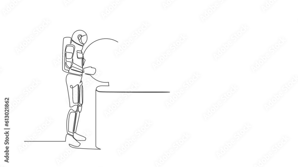 Poster self drawing animation of single line draw of astronaut putting dollar coin into big wallet. saving 