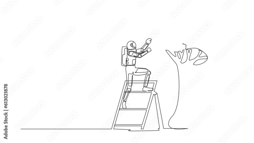 Poster animated self drawing of single continuous line draw astronaut climb ladder picking dollar coin from