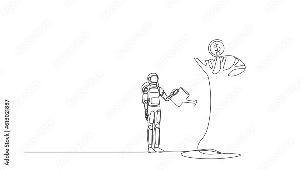 Poster animated self drawing of continuous line draw astronaut watering money tree with coin dollar symbol.