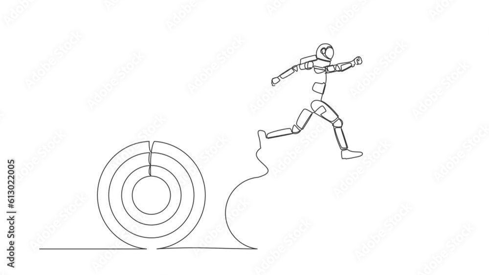 Poster self drawing animation of single line draw astronaut jumping up higher target goals. spaceship exped