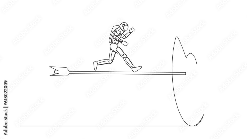 Poster self drawing animation of single line draw of astronaut run to center of bullseye on big dart. reach
