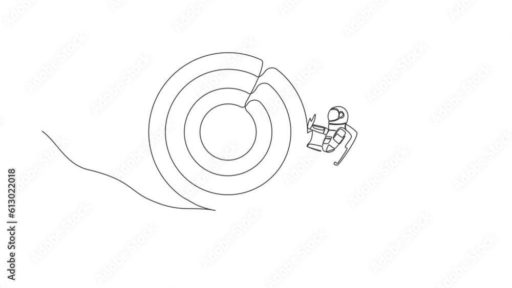 Poster animated self drawing of single continuous line draw astronaut pushing big target to mountain. galac