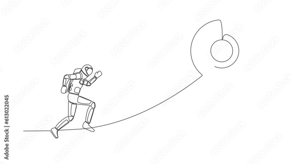 Poster self drawing animation of single line draw astronaut running on arrow to center of target. spaceship