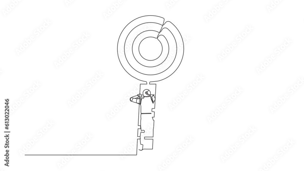 Poster animated self drawing of continuous line draw of astronaut rises up stairs to top of target. achievi