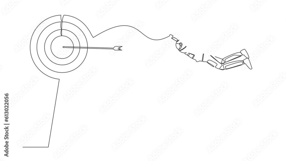 Poster self drawing animation of single line draw super astronaut in cloak flying up to target. success in 
