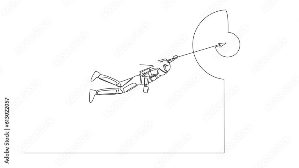 Poster self drawing animation of single line draw super astronaut flying with arrow forward to achieve expe