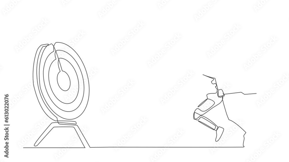 Poster animated self drawing of continuous line draw astronaut holding arrow in hand to shoot target. aim a