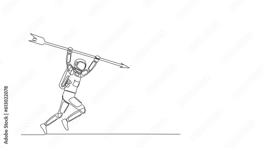 Poster animated self drawing of continuous line draw astronaut holding point big arrow on target. spaceship