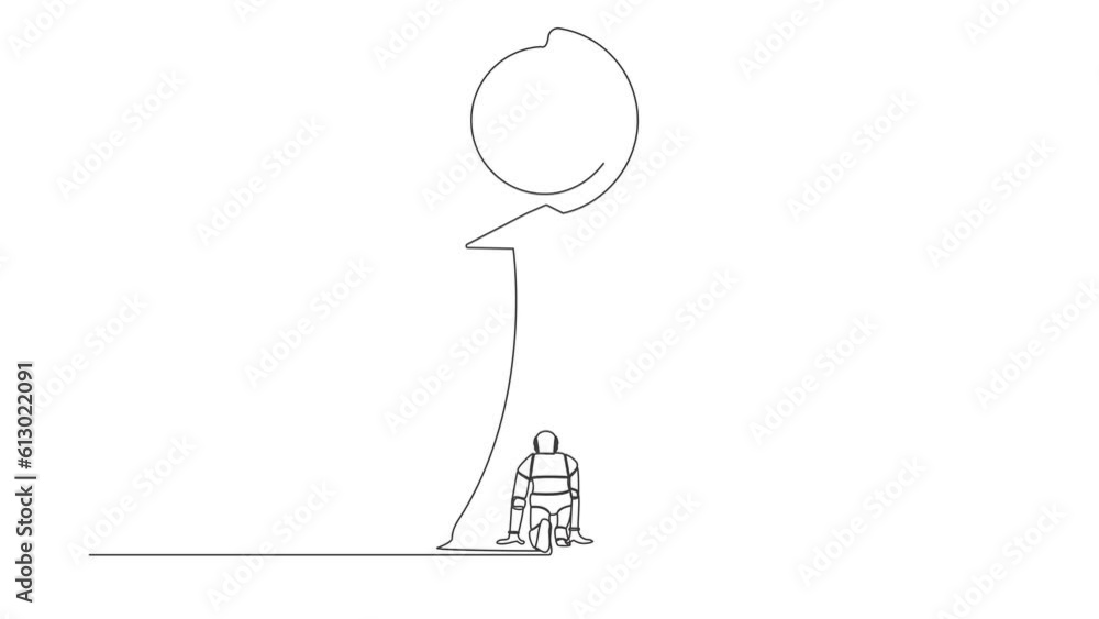 Poster self drawing animation of single line draw robot ready to run to trophy at end of route. future tech