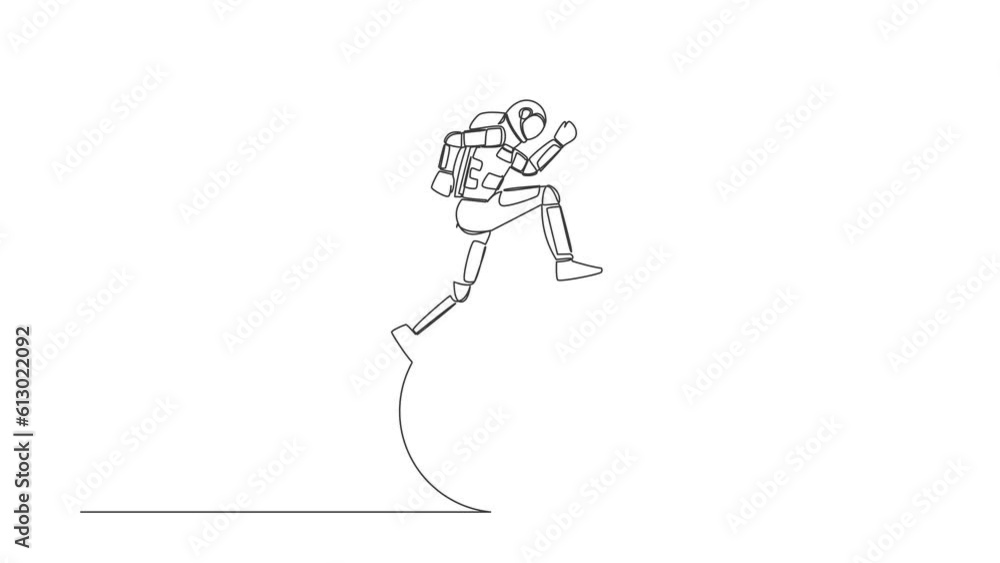 Poster animated self drawing of continuous line draw astronaut running on target board in moon. move forwar