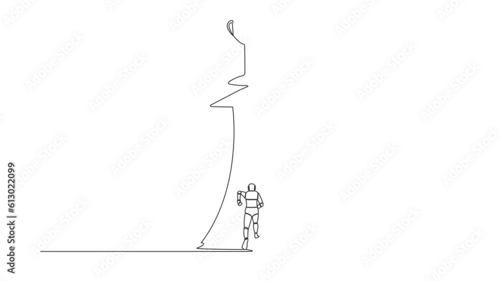 Poster animated self drawing of continuous line draw of robot running and reach for trophy. ability to win 