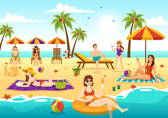 Obraz na płótnie Canvas Sunbathing Vector Illustration of People Lying on Chaise Lounge and Relaxing on Beach Summer Holidays in Flat Cartoon Hand Drawn Templates