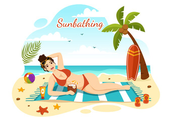 Obraz na płótnie Canvas Sunbathing Vector Illustration of People Lying on Chaise Lounge and Relaxing on Beach Summer Holidays in Flat Cartoon Hand Drawn Templates