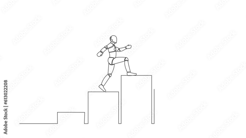 Poster animated self drawing of single continuous line draw of robot walking on graph staircase to get trop