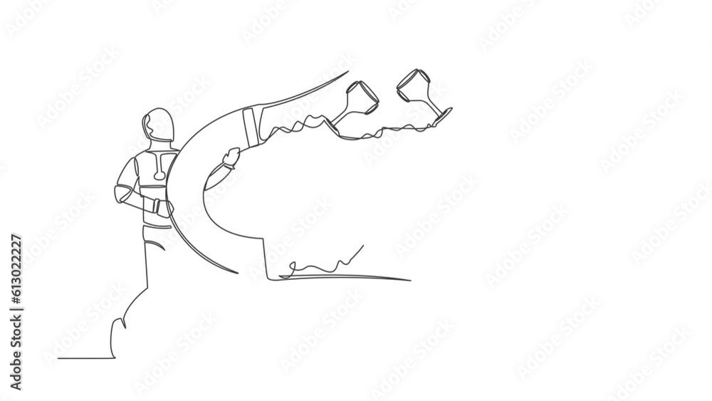 Poster animated self drawing of continuous line draw robot attracting many trophy with huge magnet. achieve