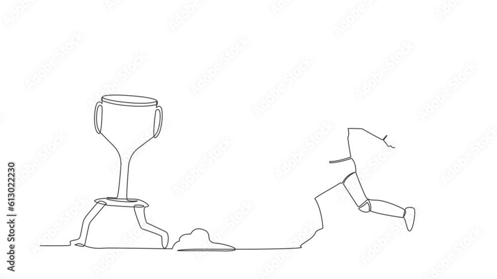 Poster animated self drawing of continuous line draw robot trying to catch, running chasing after run away 