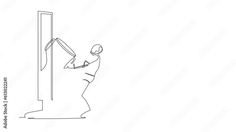 Poster animated self drawing of continuous one line draw robot pull out trophy cup from computer screen. aw
