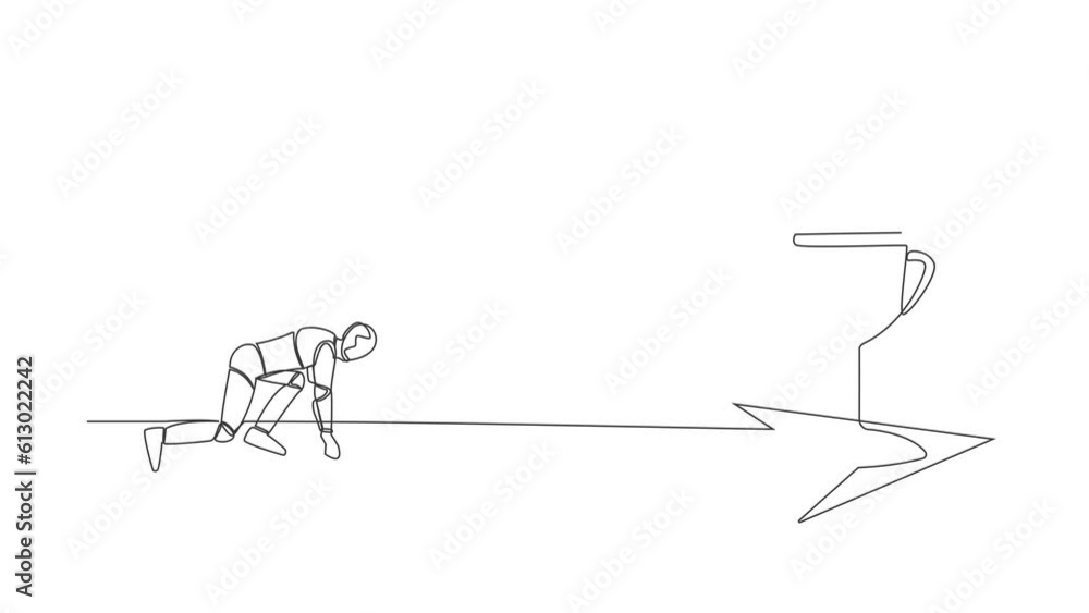 Poster self drawing animation of single one line draw side view robot ready to run to trophy. vision missio