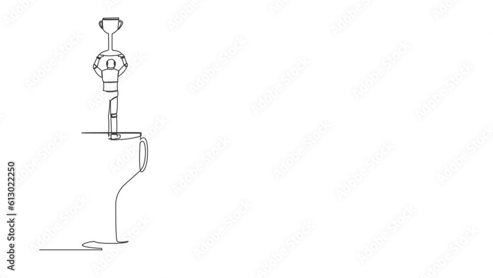 Aufkleber self drawing animation of single line draw back view robot stand above big trophy lifting up winner 