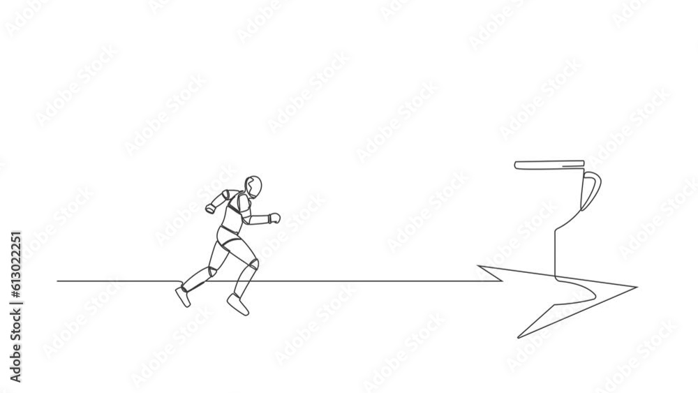 Poster animated self drawing of continuous line draw robot running to golden trophy. tech business directio