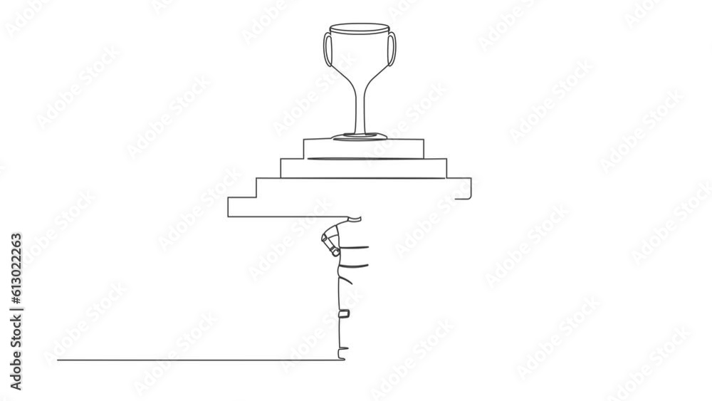 Poster animated self drawing of continuous one line draw robot standing in front of staircase with trophy c
