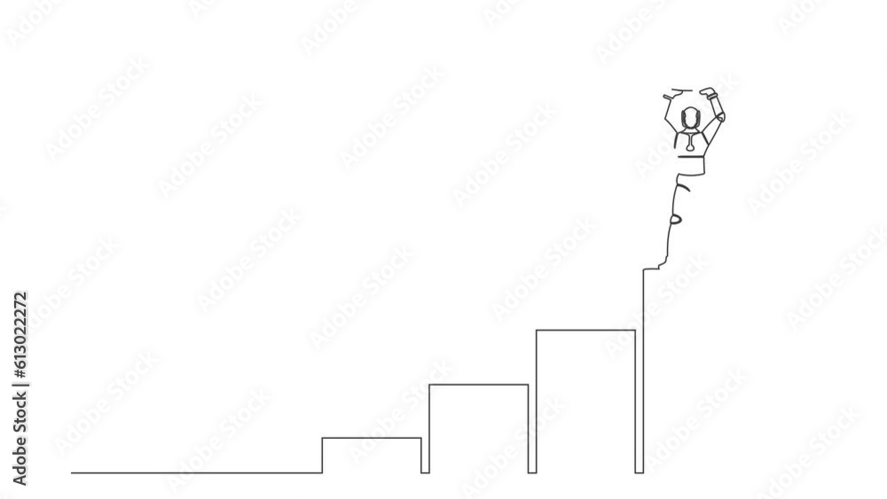 Poster animated self drawing of continuous line draw robot climbing graph staircase to reach lifting up tro
