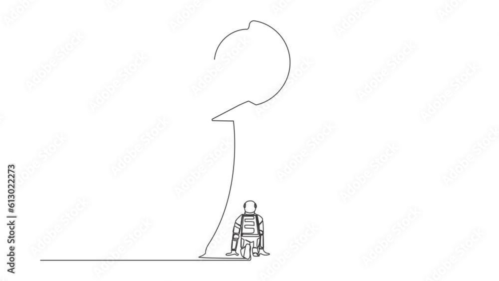 Poster Animated self drawing of continuous line draw back view astronaut ready to run to big target board at end of route. Future space tech development. Cosmonaut outer. Full length single line animation