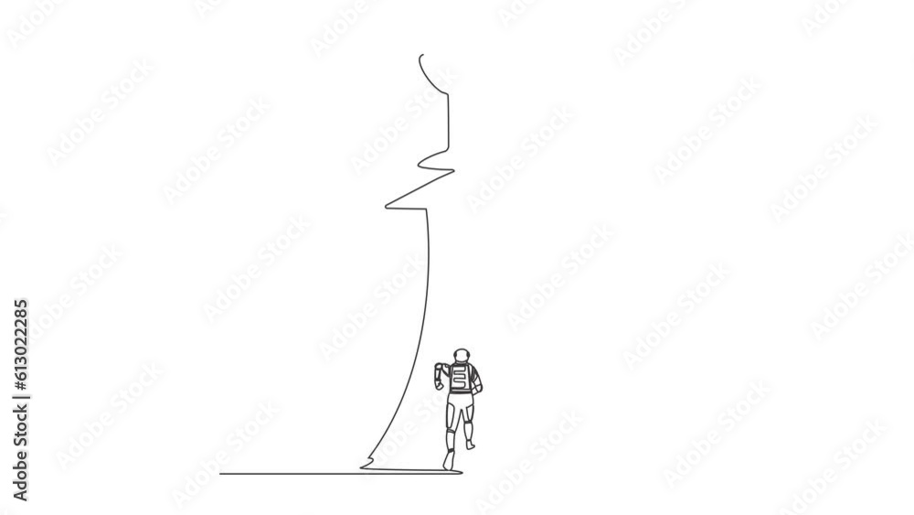 Poster self drawing animation of single line draw back view astronaut running and reach for trophy. ability