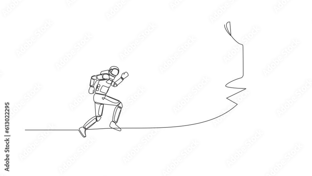 Poster animated self drawing of continuous line draw astronaut running on forward arrow to get trophy in mo